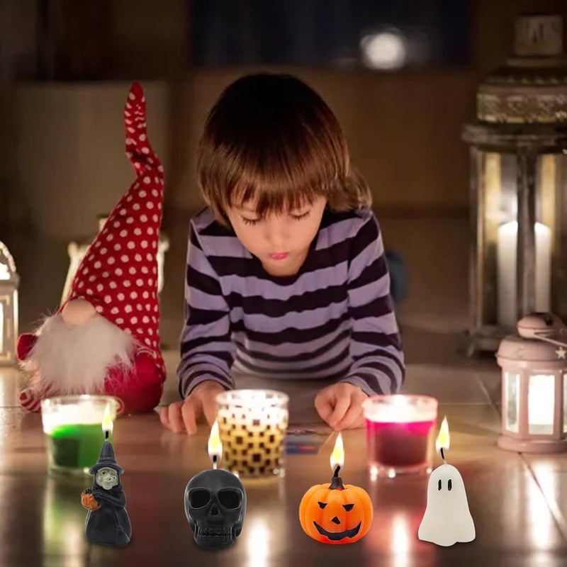 itechpanda 4 PCS Halloween Ghost Candles, Novelty Votive Cute Votive for Fall Decor Thanksgiving, Smokeless Unscented Tealight, Halloween Party, Ghost, Witch, Skull, Pumpkin Candles - Image 3